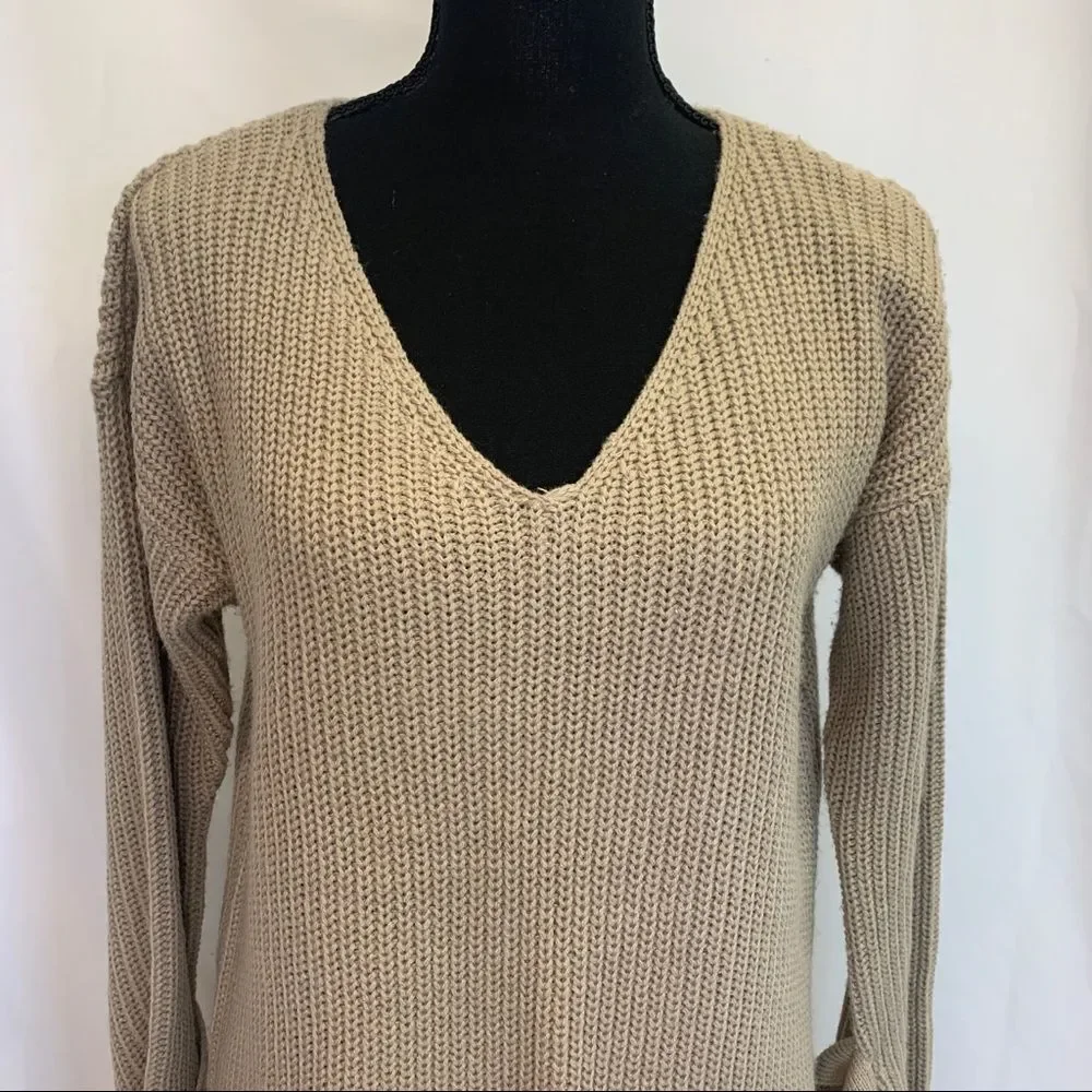ALTAR beige tan brown tie-sleeve oversized long V-neck sweater size medium